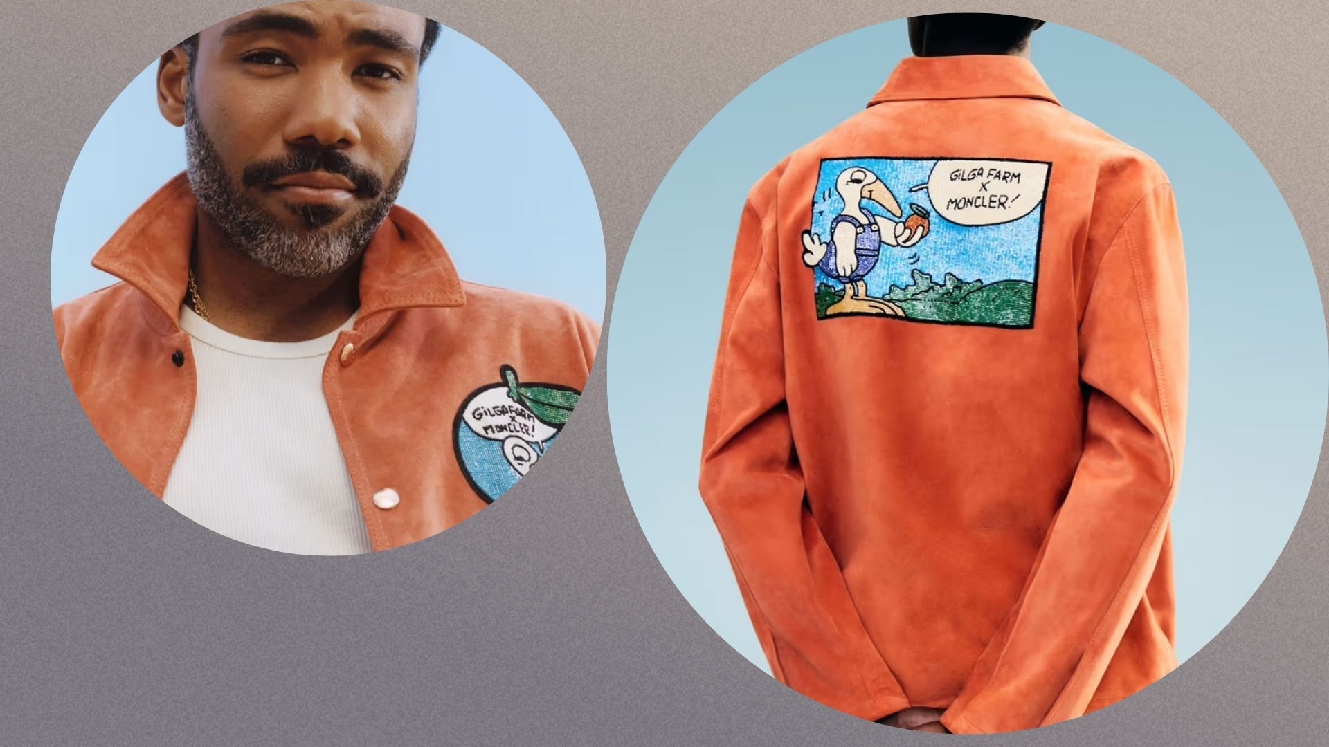Donald Glover wearing his new Moncler line jacket on the left and on the right is the back of the jacket showing off the print 