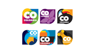 Different versions of the Brand Colombia logo with colourful icons including a toucan and an orchid