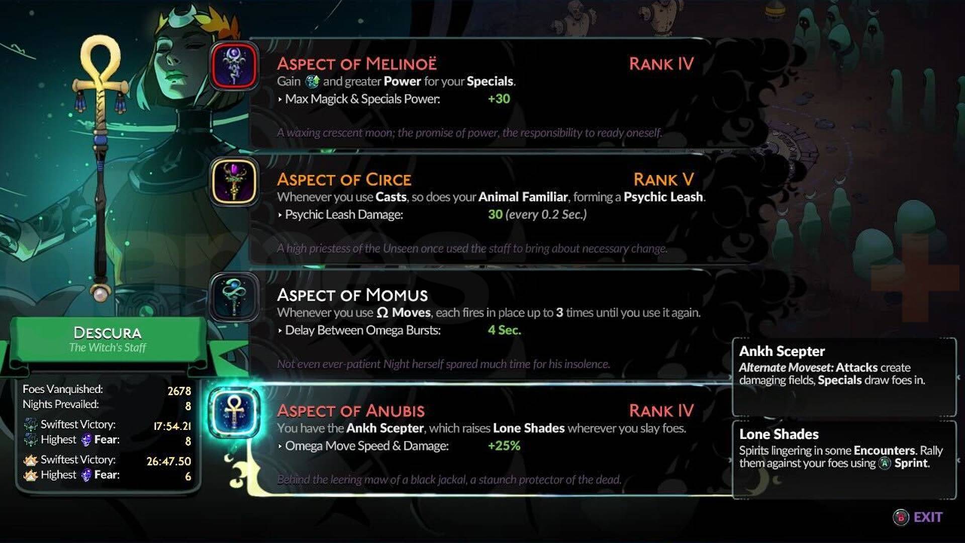 Hades 2 Witch's Staff Aspects of Melinoe, Circe, Momus, and Anubis