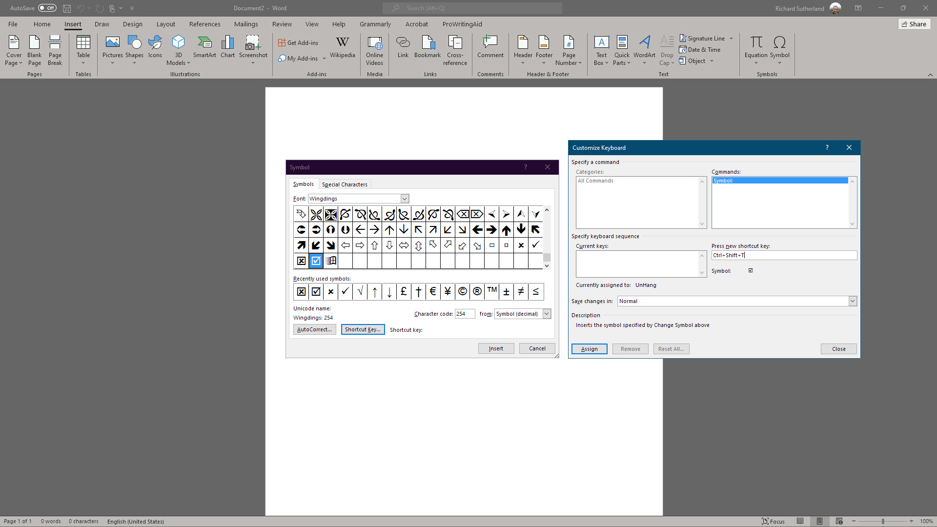 screenshot of the shortcut keys menu in Word