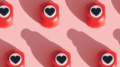 A collection collage of red translucent dice with hearts on them, representing red flags in a relationship