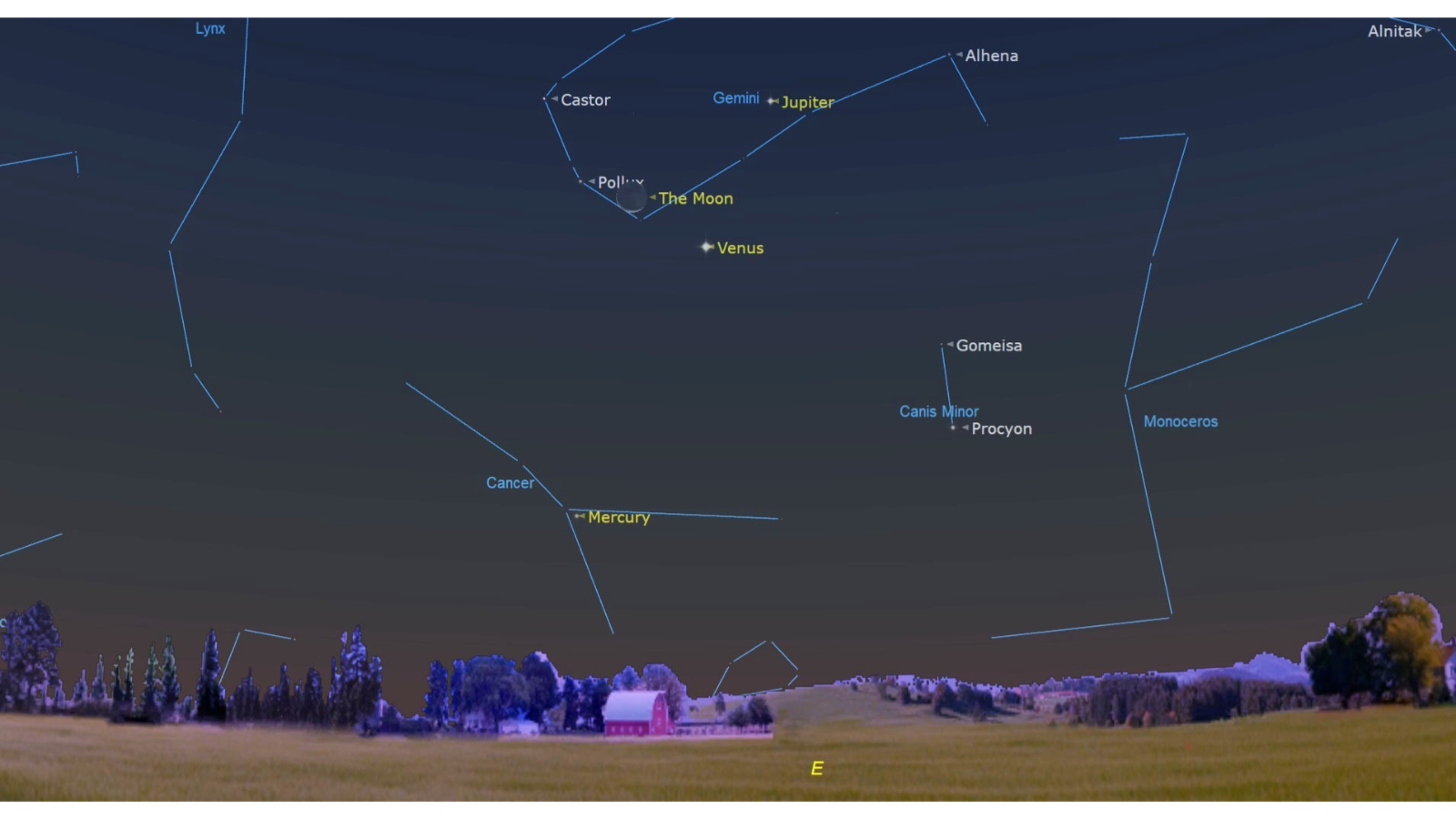 A map of the night sky showing a very thin crescent moon shining to the upper left of Venus and to the lower right of Jupiter.