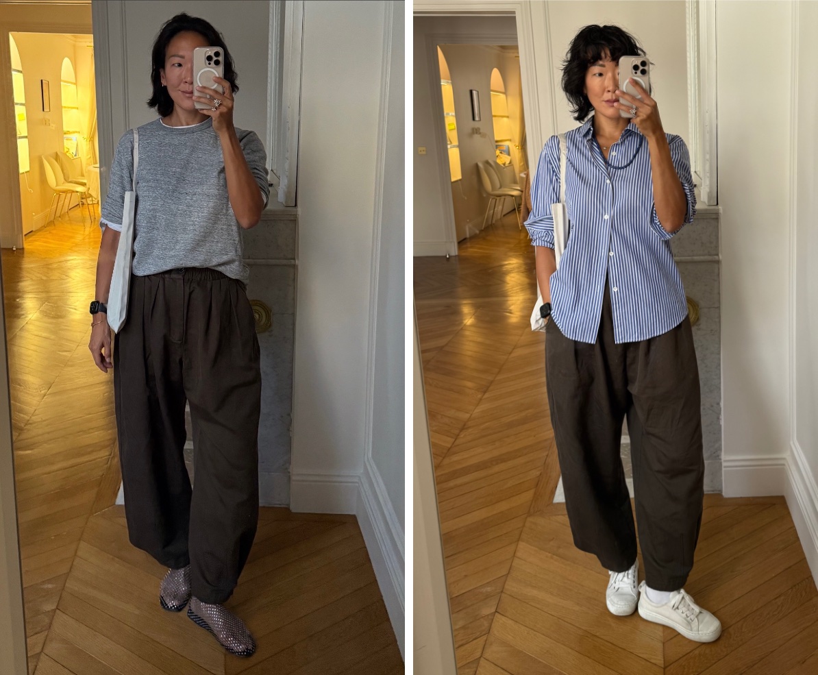 Irene Kim wearing a T-shirt, soeur pants, and mesh flats; Irene Kim wearing a button-down, soeur pants, and sneakers