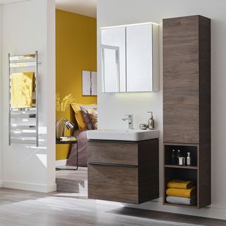bathroom with yellow and white coloured wall and sink with mirror