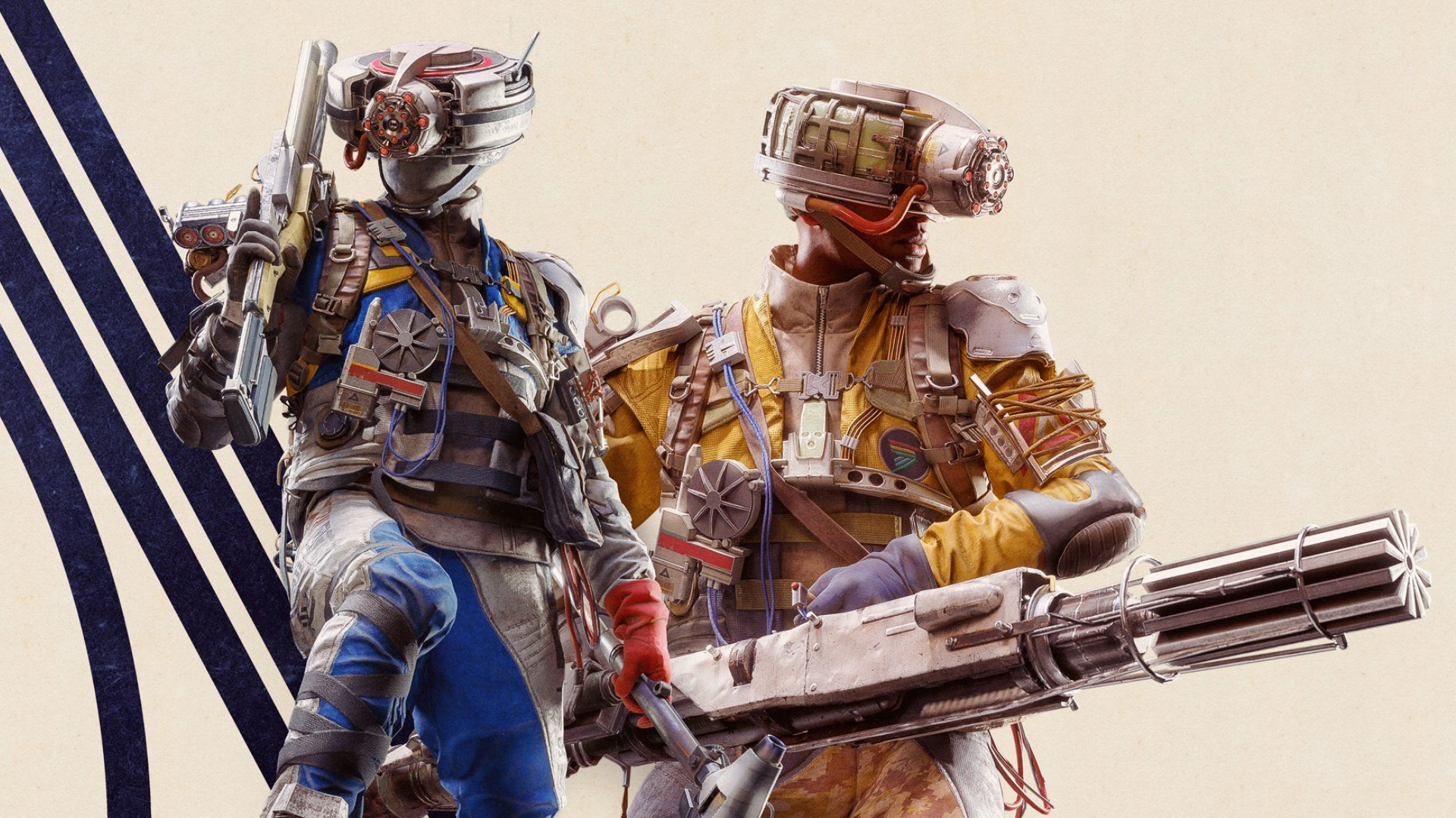 Arc Raiders: Promotional art for the Wasp Hunter outfit, showing two versions next to each other. The leftmost one has a character on one knee with a Hullcracker over their shoulder, while the rightmost character is holding the Equilizer at the ready.