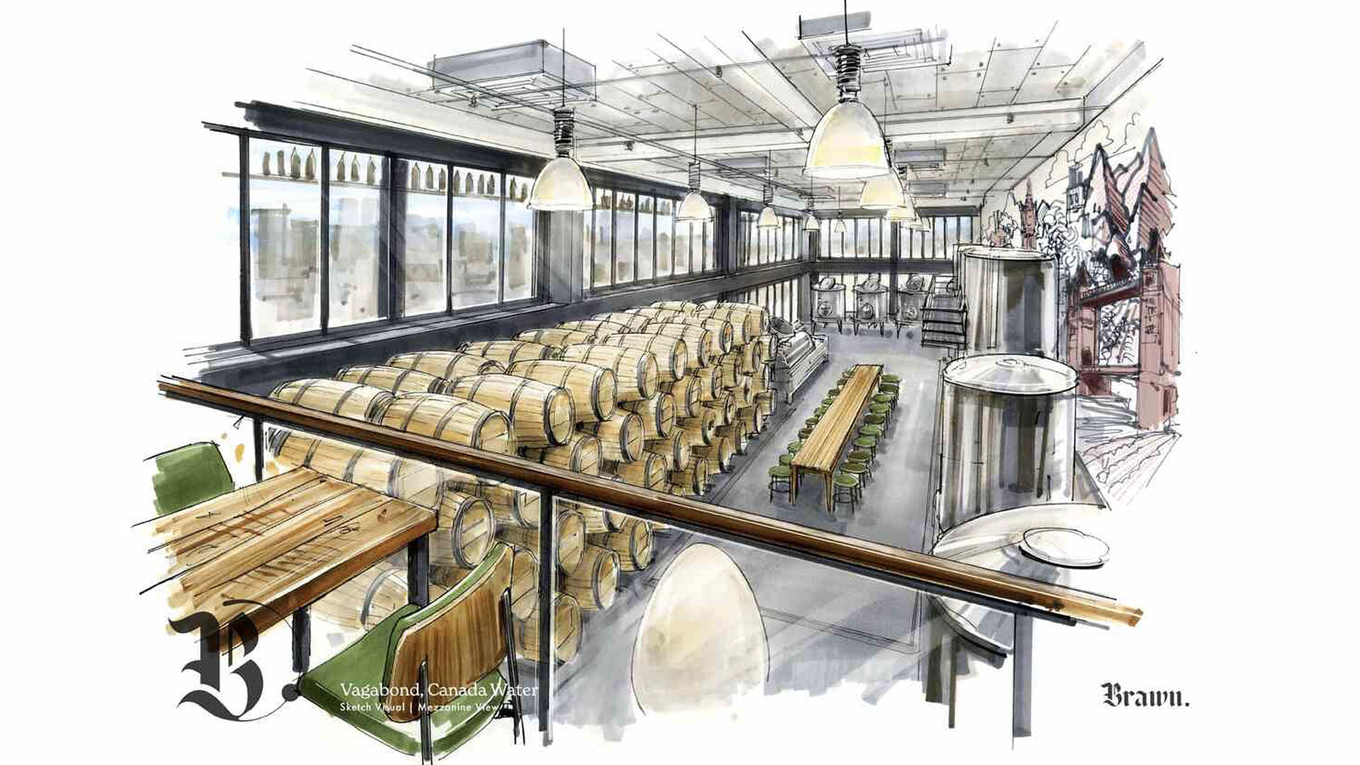 A concept drawing of Vagabond Wine&#039;s Urban Winery.