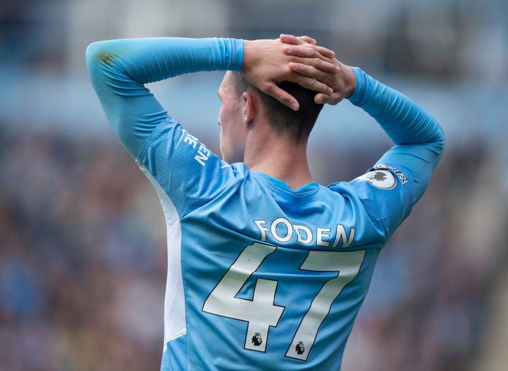 Phil Foden of Manchester City during the Premier League match between Manchester City and Burnley at Etihad Stadium on October 16, 2021 in Manchester, England.