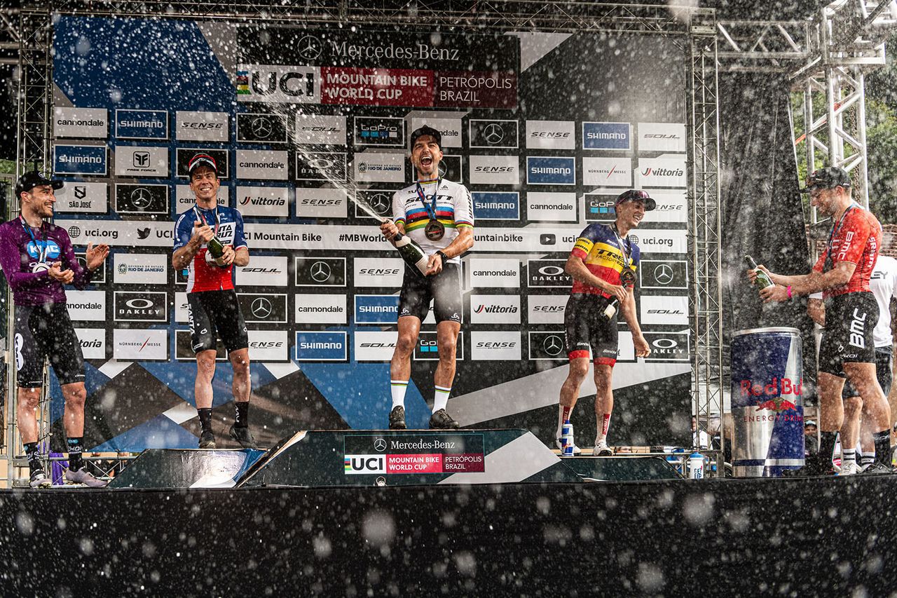L to r - Sebastian Carstensen Fini, Maxime Marotte, Nino Schurter, Vlad Dascalu, Filippo Colombo