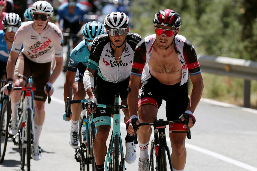 BALCON DE ALICANTE SPAIN AUGUST 20 Andrey Zeits of Kazahkstan and Team BikeExchange and Matteo Trentin of Italy and UAE Team Emirates compete during the 76th Tour of Spain 2021 Stage 7 a 152km stage from Ganda to Balcn de Alicante lavuelta LaVuelta21 on August 20 2021 in Balcn de Alicante Spain Photo by Gonzalo Arroyo MorenoGetty Images