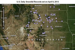 This NCDC map shows the location of where record snow amounts were set on Tuesday, April 9, 2013.