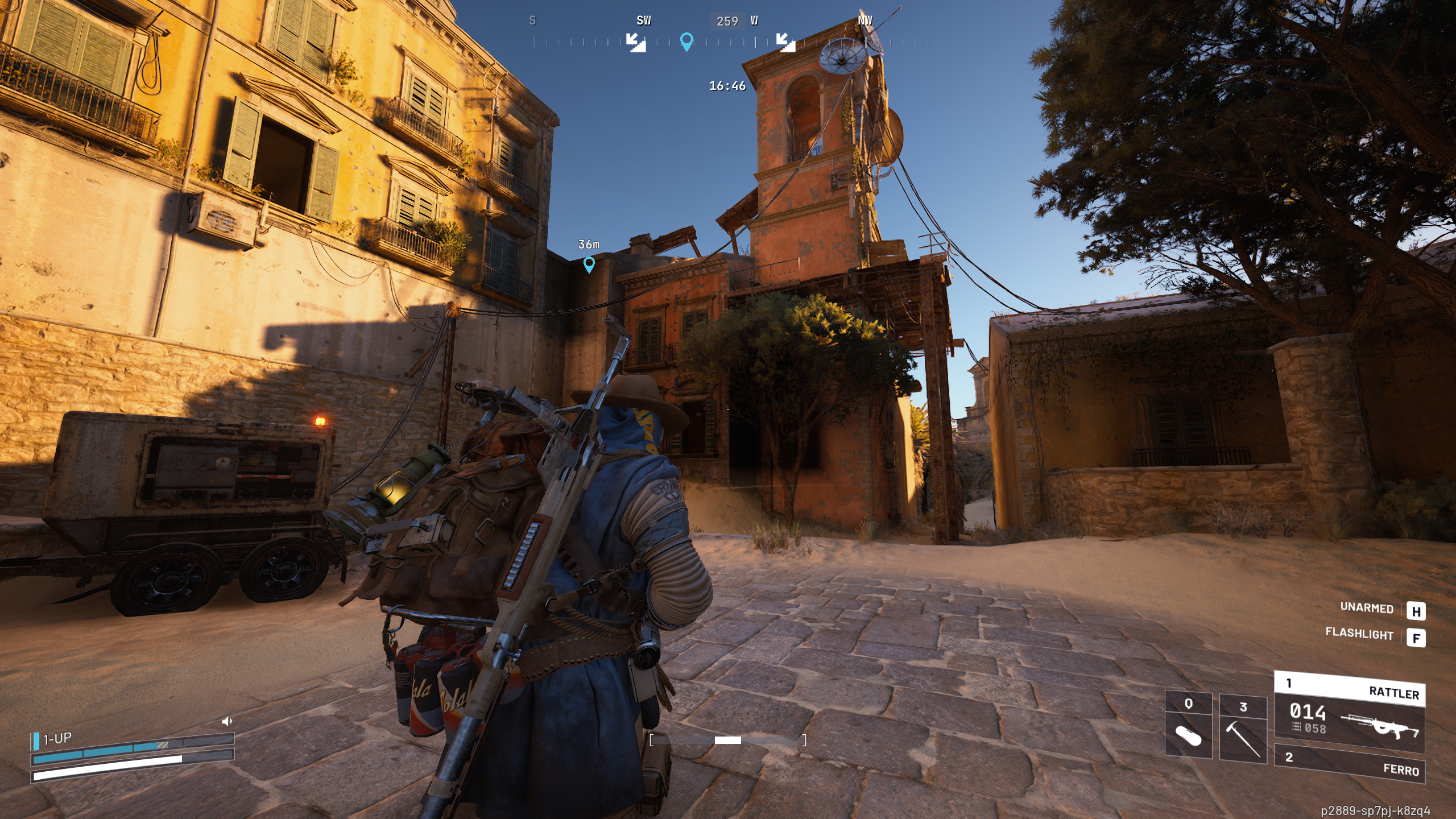 Arc Raiders humidifier locations: A player walking towards the Red Tower building in Buried City, near the metro entrance.