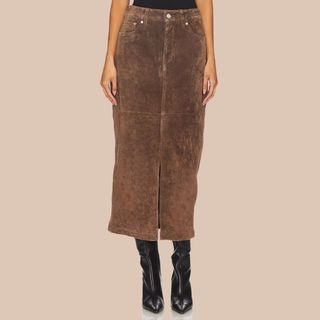 Flat lay image of brown suede skirt