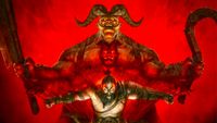 Key art for Diablo 4's Season of Slaughter. A massive horned demon holding a cleaver and a hook stands behind a barbarian character. Between them there is a red, half-demon man to symbolize a transformation.