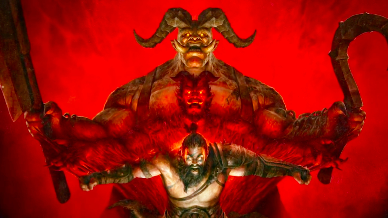 Key art for Diablo 4's Season of Slaughter. A massive horned demon holding a cleaver and a hook stands behind a barbarian character. Between them there is a red, half-demon man to symbolize a transformation.
