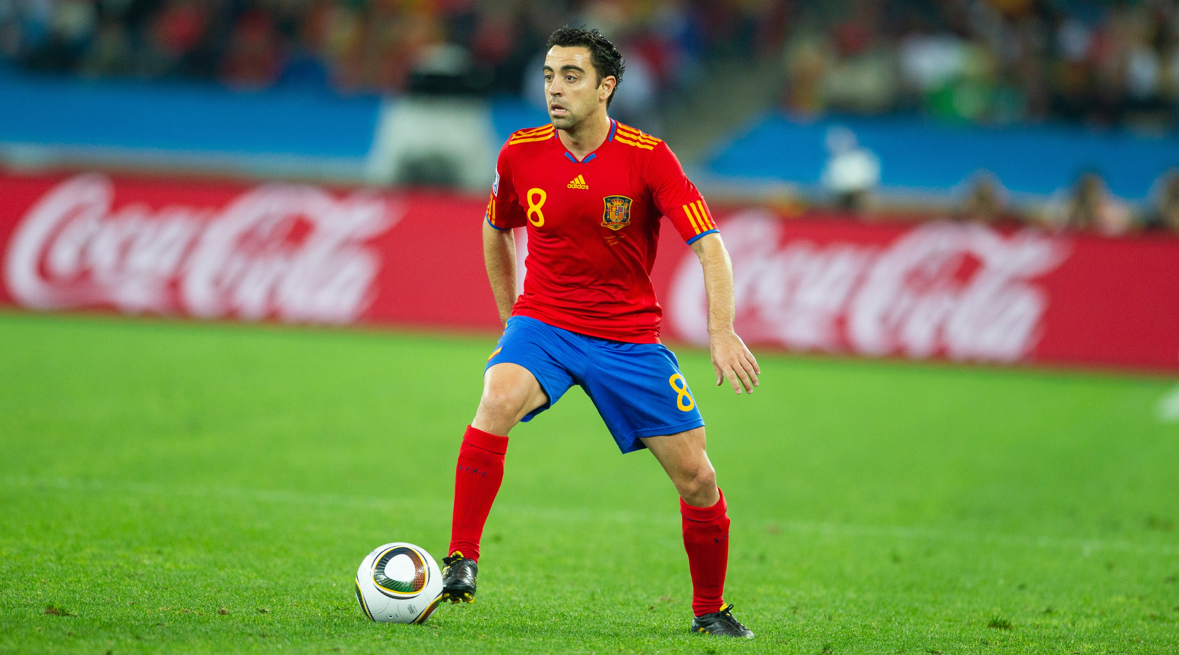 DURBAN, SOUTH AFRICA - JULY 07: Xavi Hernandez of Spain in action during the World Cup Semi Final match between Spain (1) and Germany (0) at the Durban Stadium on July 7, 2010 in Durban, South Africa (Photo by Simon Bruty/Anychance/Getty Images)