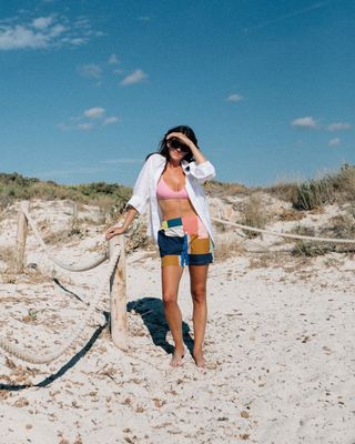 Pink bikini with patchwork shorts