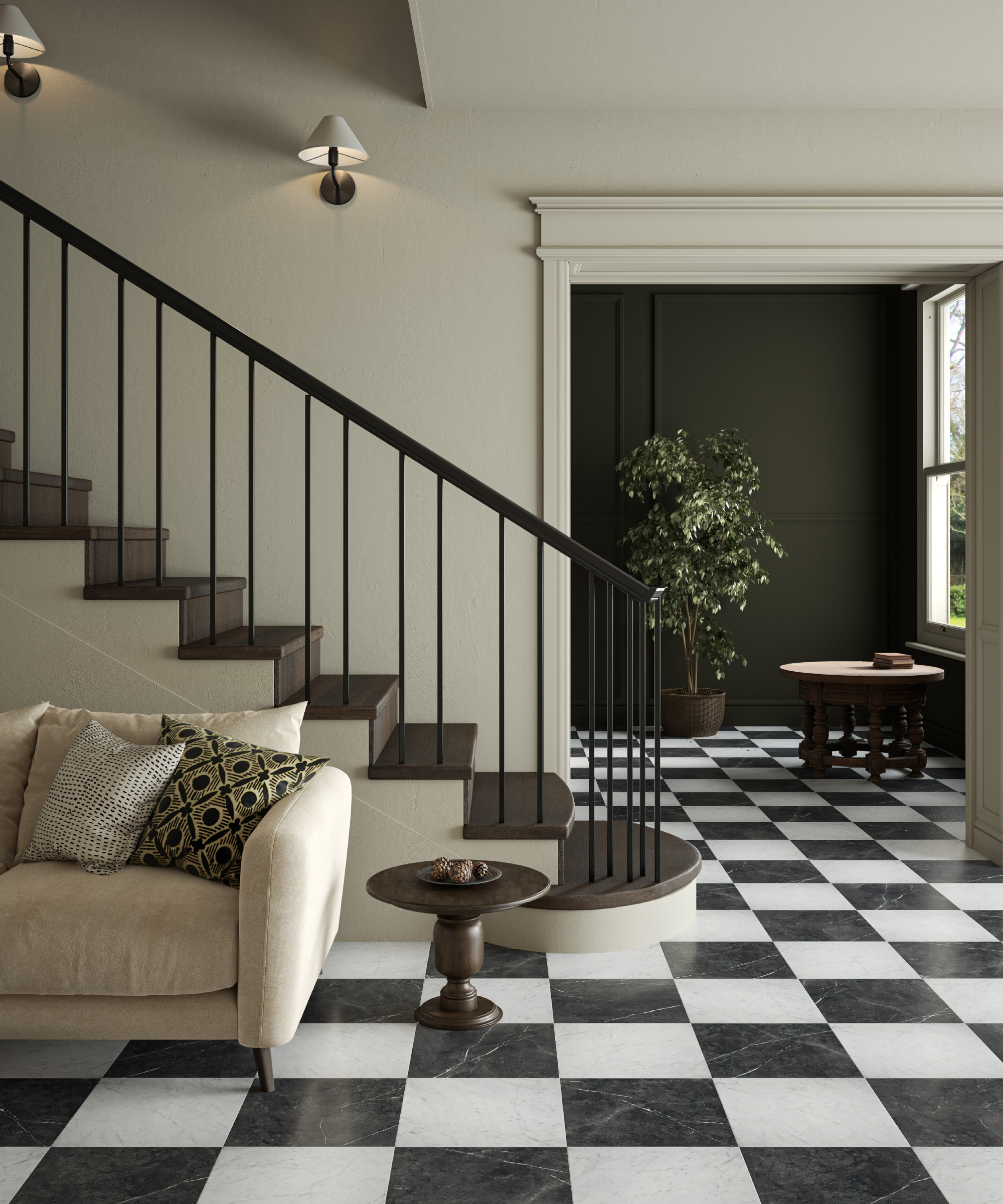 large hallway with black and white chequered tiled floor