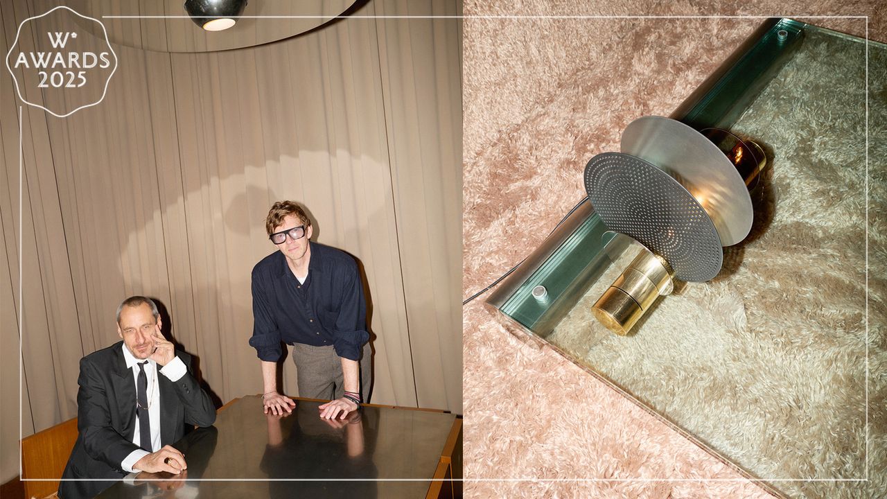 Left, Emiliano Salci and Britt Moran under their ’03 lampada sospensione’ at the Spotti Milano store. Right, Interni Venosta’s ‘11’ table lamp and ‘04’, a glass coffee table with cylindrical steel feet 