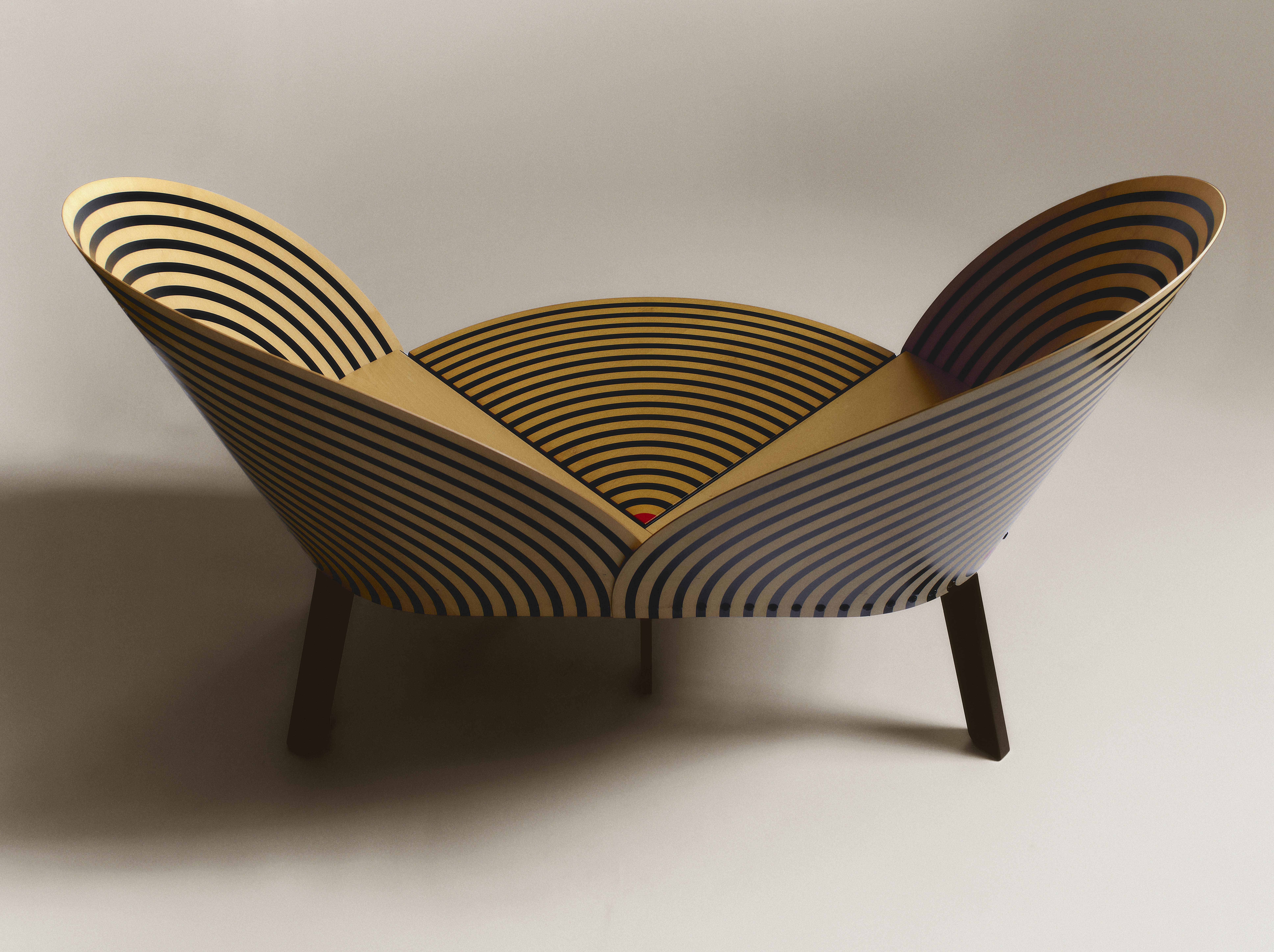 curved bench seat with geometric line pattern