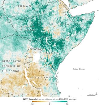 This map shows the changes in green vegetation in eastern Africa between Dec. 15, 2019 and March 15, 2020. Known as the Normalized Difference Vegetation Index, this measurement was derived from data collected by the Moderate Resolution Imaging Spectroradiometer (MODIS) on NASA's Terra satellite.
