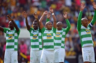 Bloemfontein Celtic players celebrate during a South African Premiership match against Kaizer Chiefs in 2013.