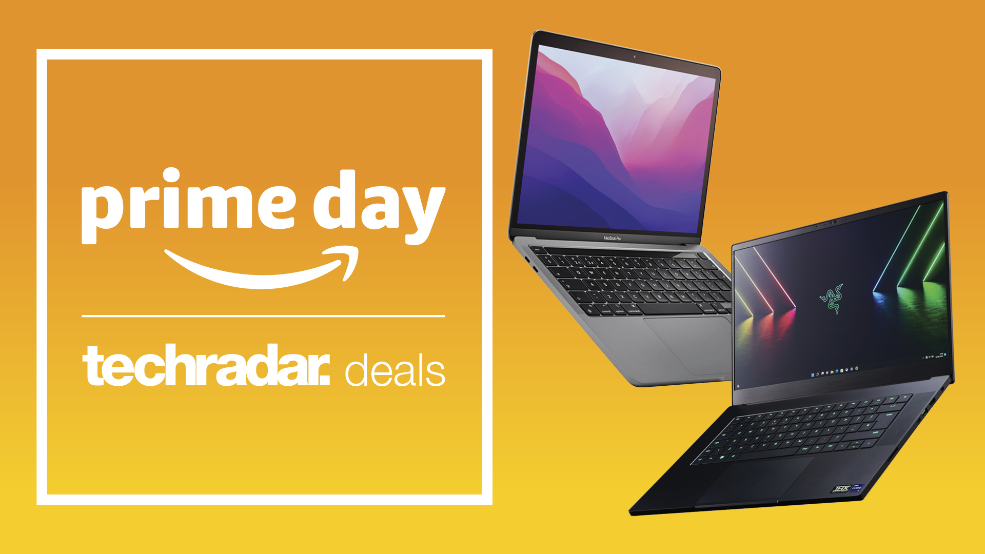 Amazon Prime Day laptop deals header image with two laptops on yellow background