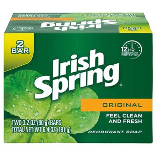 Green box of Irish Spring soap in original with a picture of a dewy leaf on left side