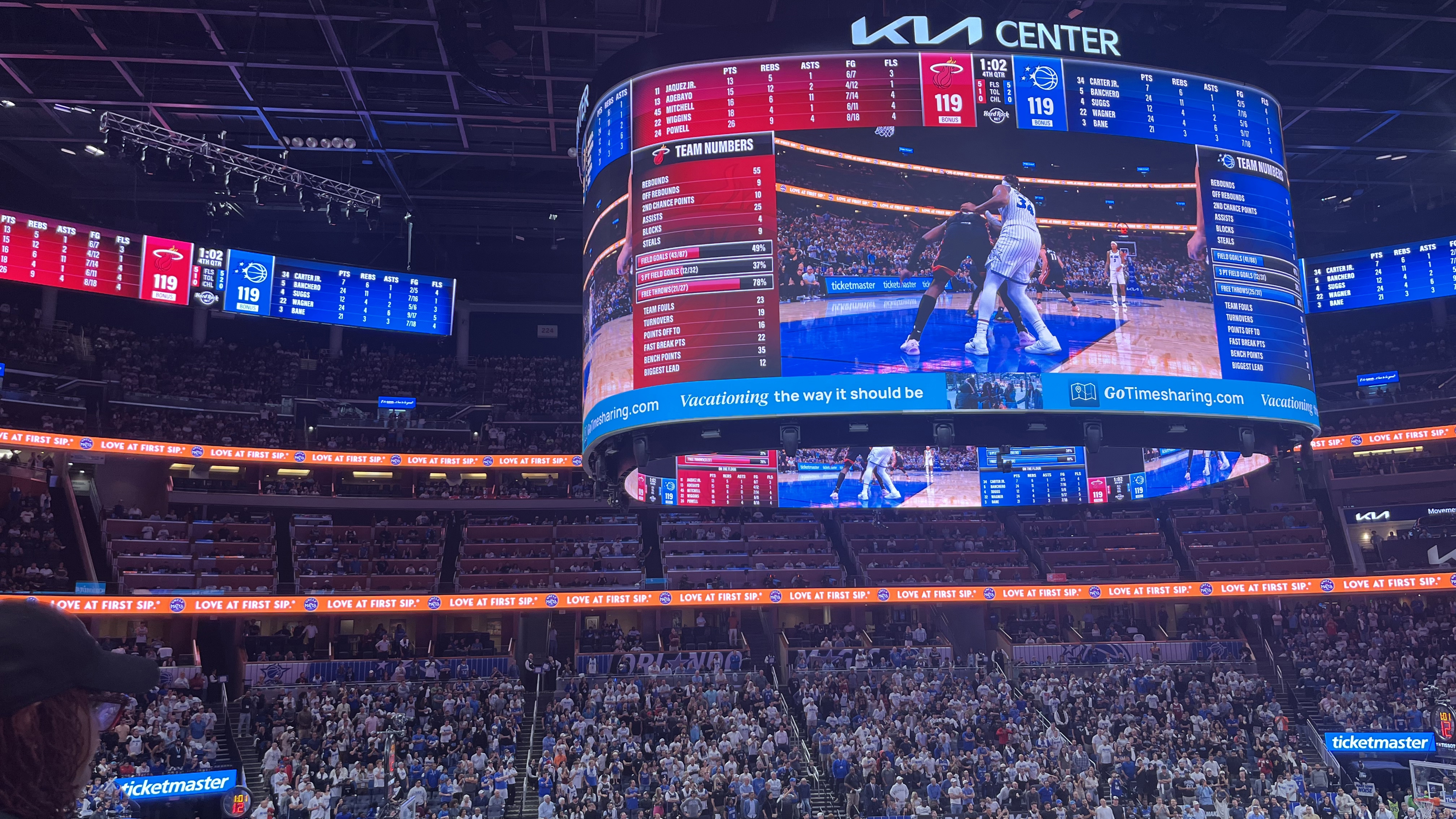 The new LED scoreboard at the Kia Center on the Orlando Magic&#039;s opening night. 