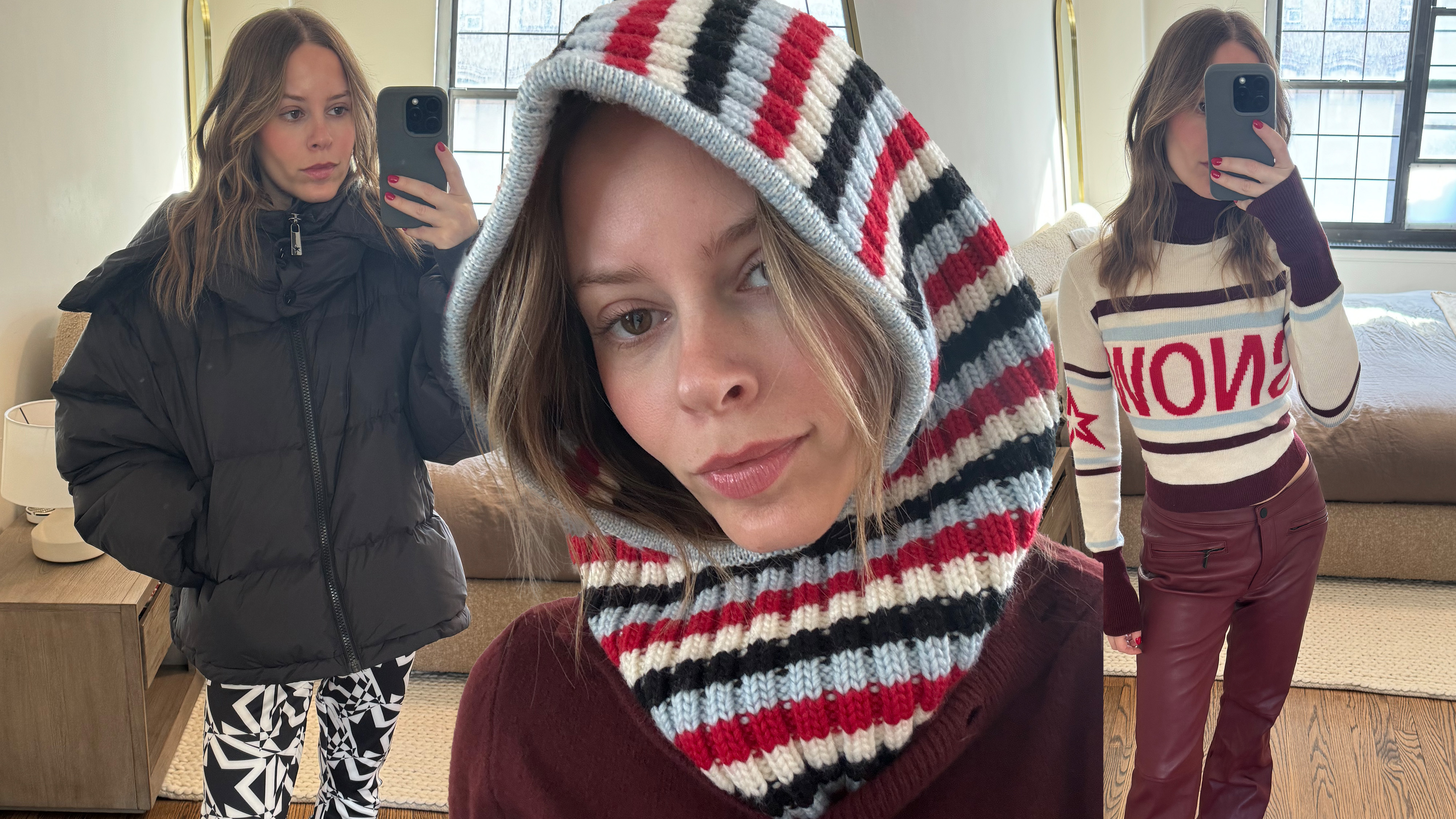 A collage of nikki trying on different pieces from the H&amp;M x perfect moment collection.