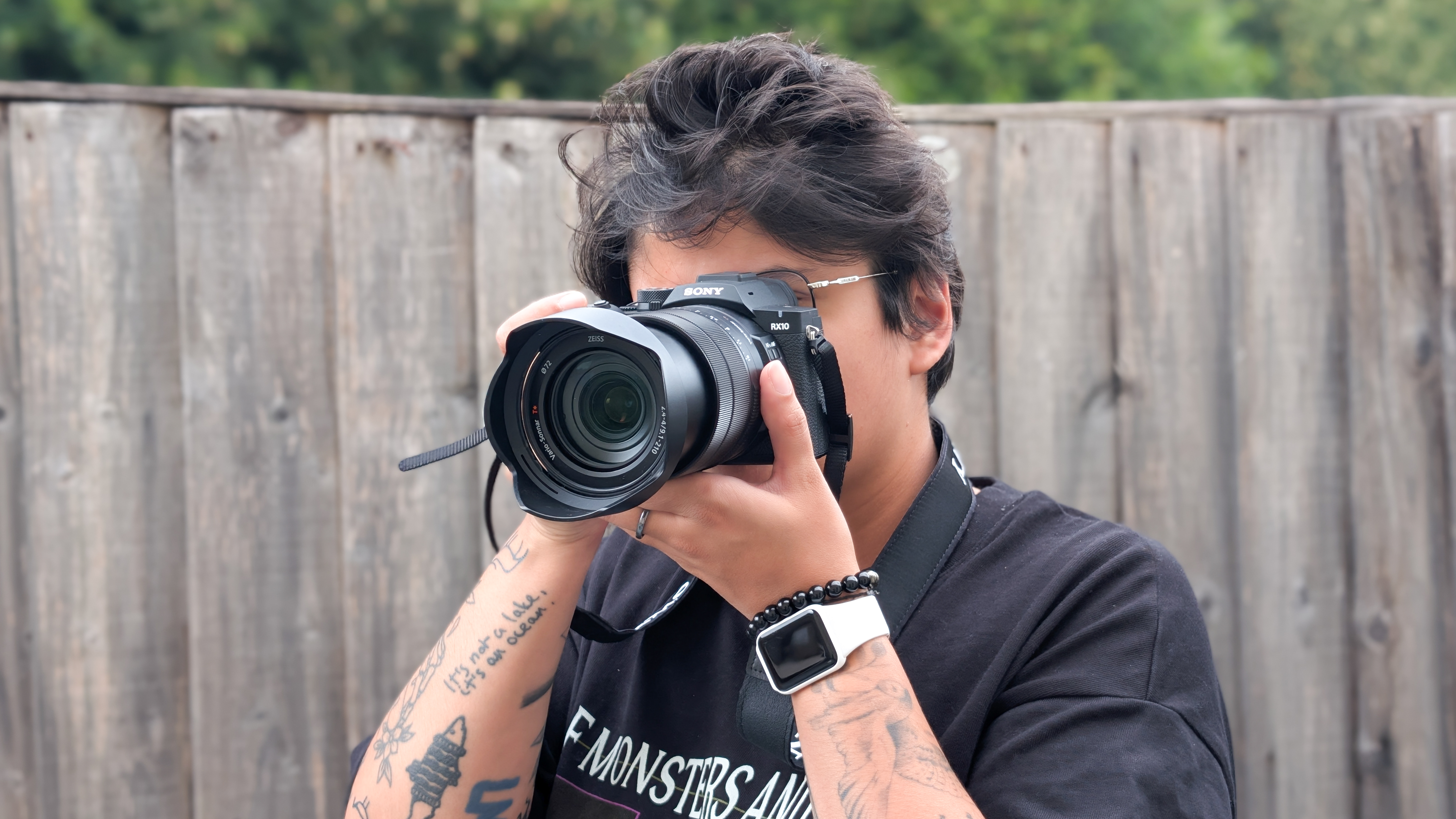 A black Sony RX10 V bridge camera