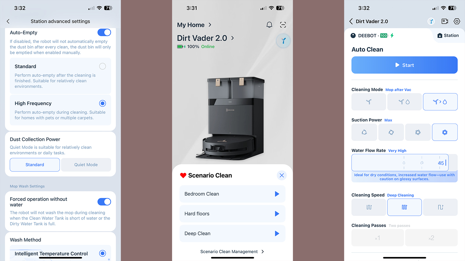 Screenshots of the Ecovacs Home app showing various settings and custom routines