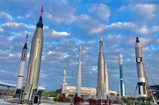 The last United Launch Alliance (ULA) Delta II rocket stands among the a Mercury-Redstone, Mercury-Atlas, Saturn IB and five other launch vehicles from the early years of space exploration in the Kennedy Space Center rocket garden.