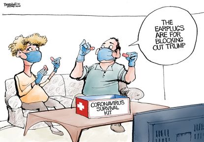 Political Cartoon U.S. Trump Coronavirus face masks ear plugs survival kit