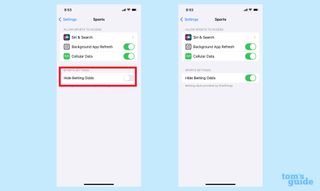 set betting odds to hidden in sports app settings