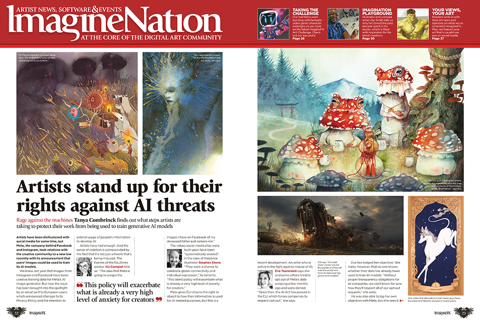 Double-page spread of news feature from ImagineFX 242, with the heading 'Artists stand up for their rights against AI threats'