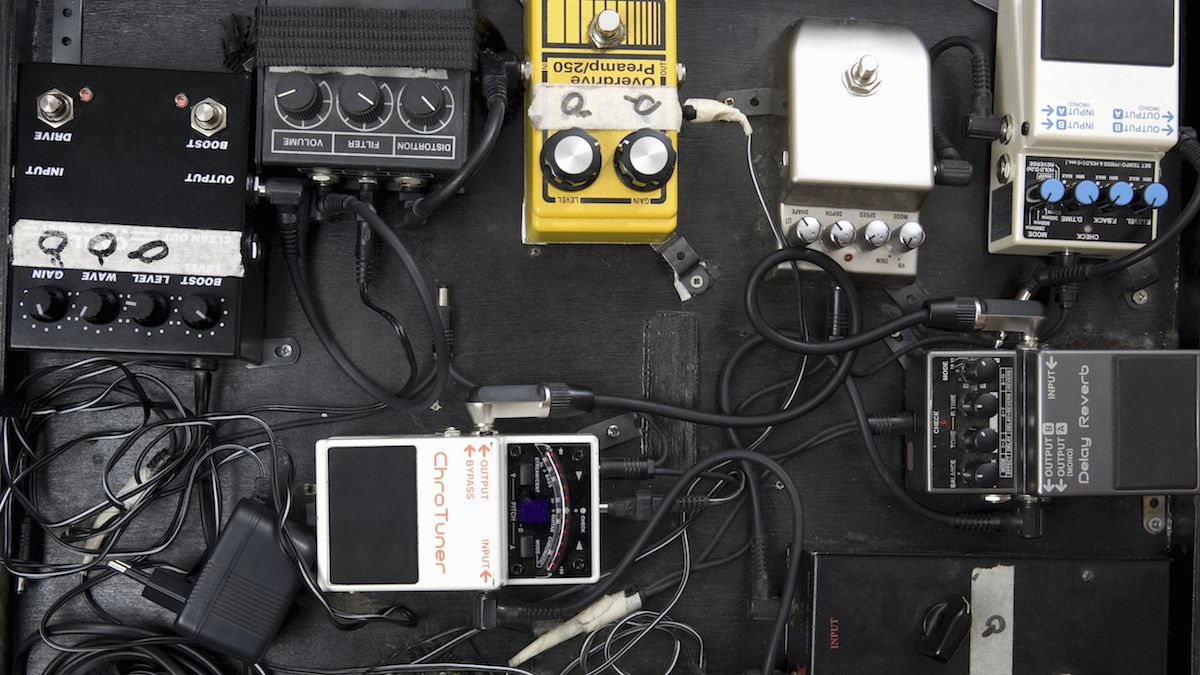 Overhead shot of a group of guitar pedals