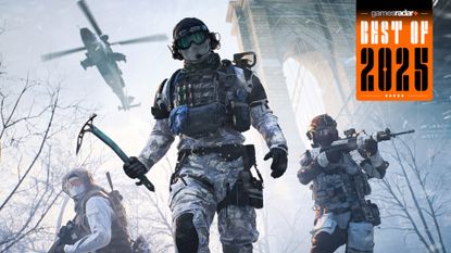 Battlefield 6 screenshot with several characters wielding weapons and orange GamesRadar+ Best of 2025 badge in upper right.