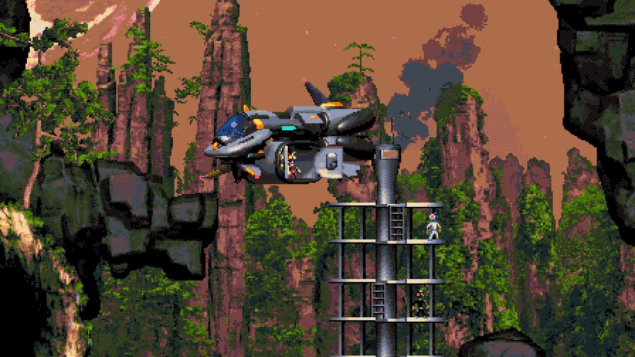 Dropship rising amidst canyons in Moons of Darsalon