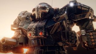 A Battletech mech up close, cruising along before battle - cinematic shot taken from a story cutscene.