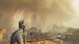 Star Wars Jedi Survivor Jedha Cal and Merrin riding a Spamel looking at the sandstorm