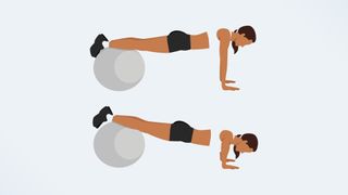an illo of a woman doing a stability ball push up