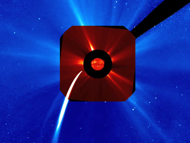 Comet Lovejoy skimmed across the Sun&#039;s edge about 140,000 km above the surface late Dec. 15 and early Dec. 16, 2011, furiously brightening and vaporizing as it approached the Sun. This images shows the comet during that time as seen by the SOHO spacecraft