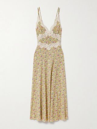 Venus Corded Lace-Trimmed Floral-Print Silk-Crepe Midi Dress