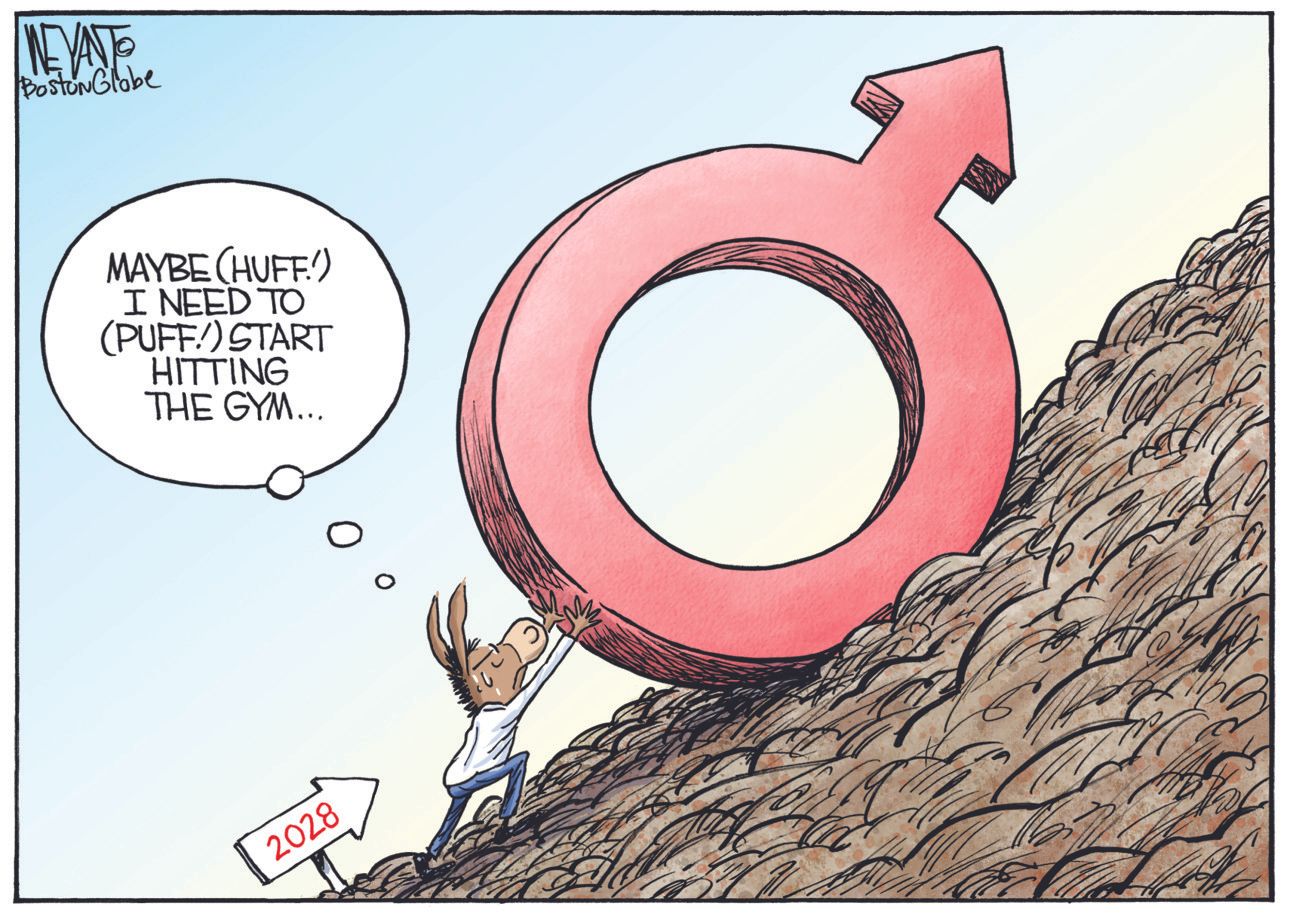 
                                This editorial cartoon is set on the side of a large hill with an arrow pointing up toward 2028. A donkey is struggling to push a male biological symbol up the hill. The donkey says, “Maybe (HUFF!) I need to (PUFF!) start hitting the gym.”
                            