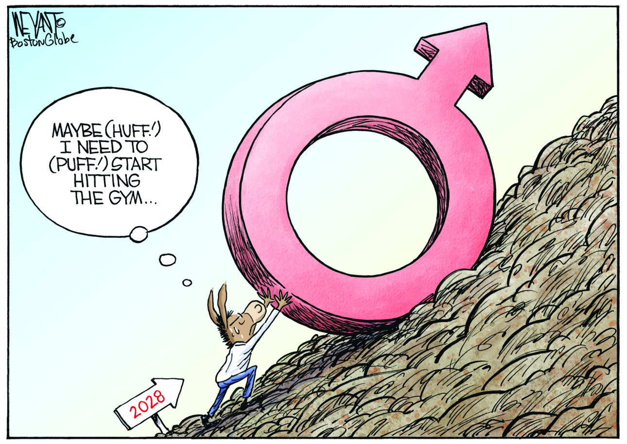 This editorial cartoon is set on the side of a large hill with an arrow pointing up toward 2028. A donkey is struggling to push a male biological symbol up the hill. The donkey says, “Maybe (HUFF!) I need to (PUFF!) start hitting the gym.”