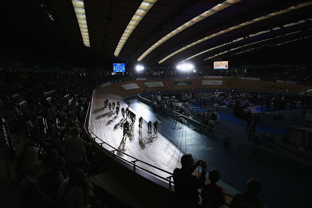 Riders compete in the U23 Talent Cup Madison during day one of the London Six Day Race at the Lee Valley Velopark