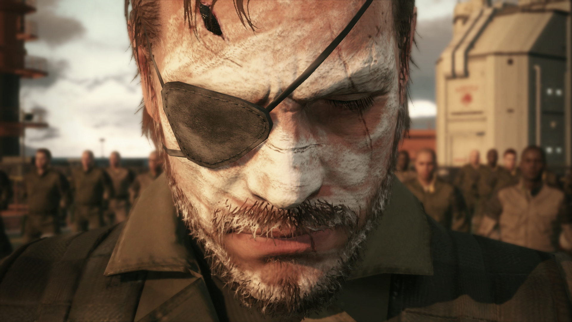 Metal Gear Solid 5: The Phantom Pain picture of Snake in white face paint looking down with his eye closed