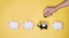 A hand holding a gold coin hovers over a gold piggy bank in a line of white piggy banks.