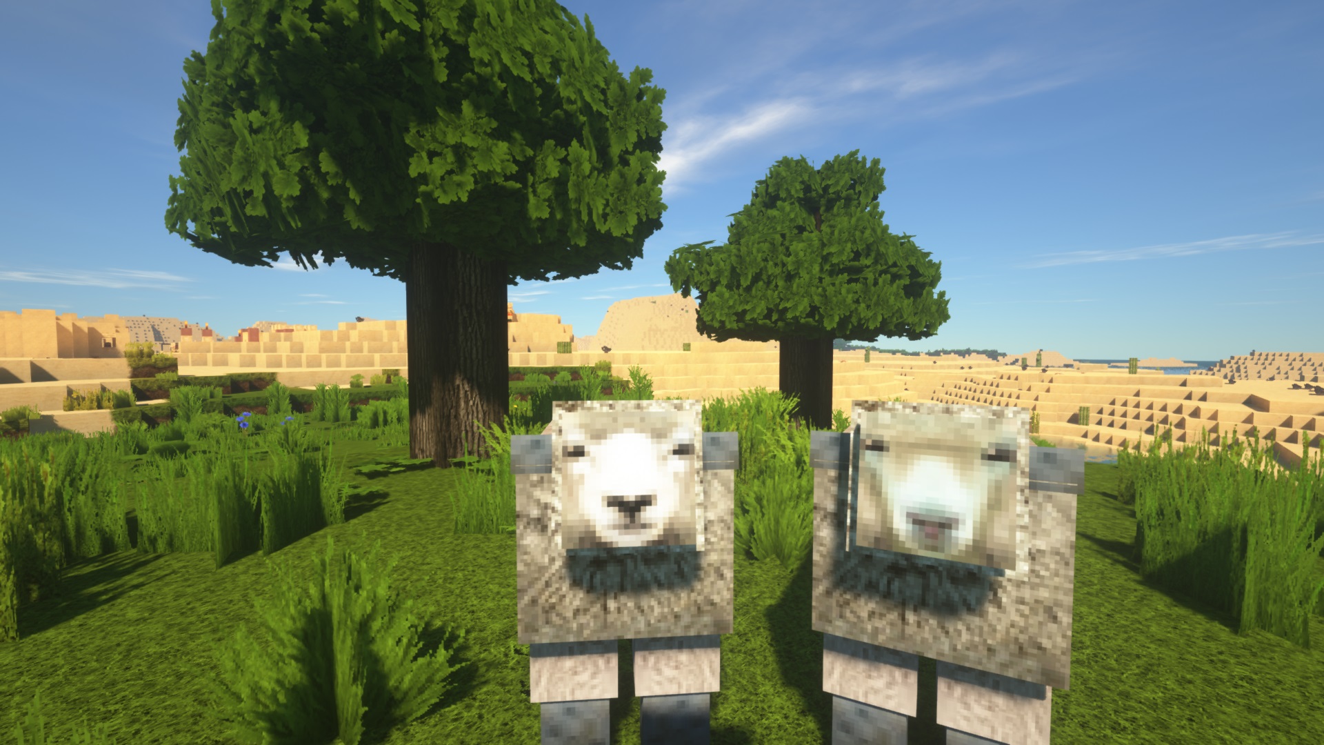 Mineraft texture packs - LB Photo Realism Reloaded - Two sheep with realistic looking faces and fur standing in front of trees with realistic bark textures