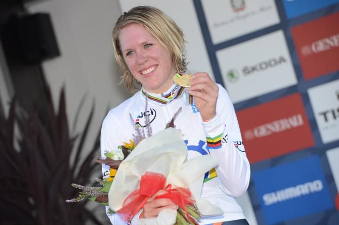 Ellen Van Dijk with her gold medal and rainbow jersey for winning the 2013 time trial world championship